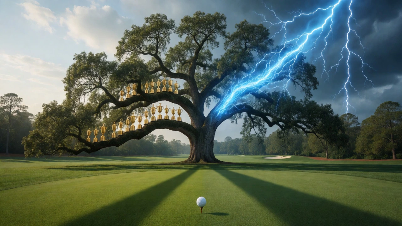 Surreal oak tree on a golf course with branches symbolizing two different golf legends.