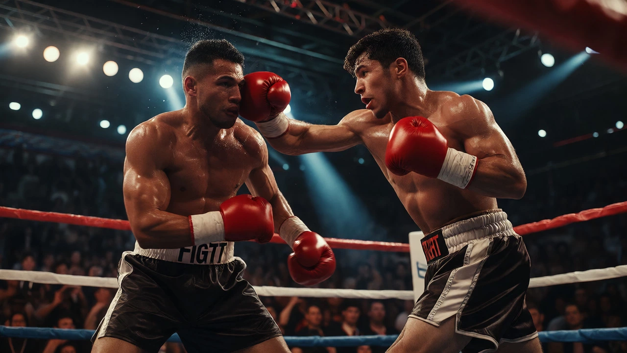 Two boxers exchanging punches during a dramatic title fight