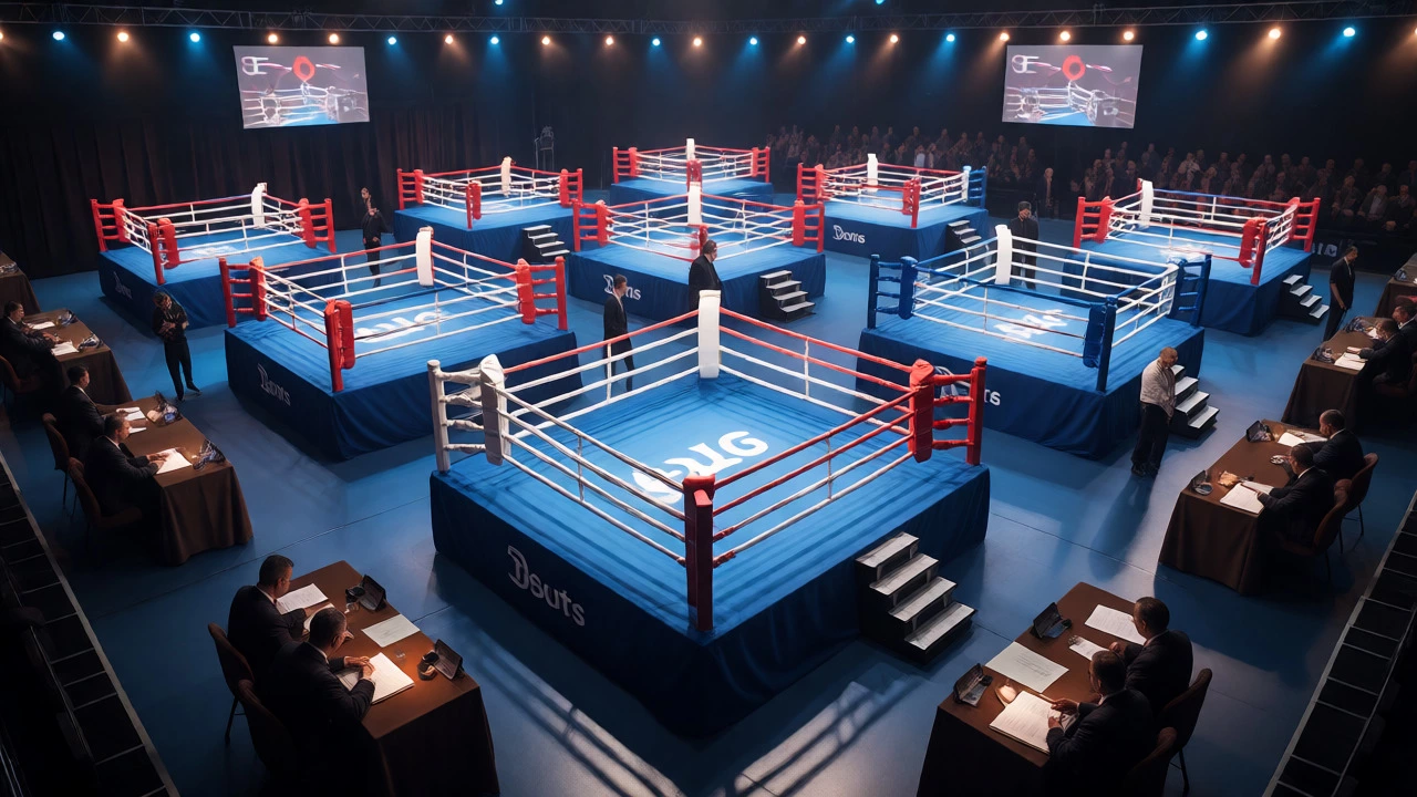 Wide view of a boxing event card with officials and rings