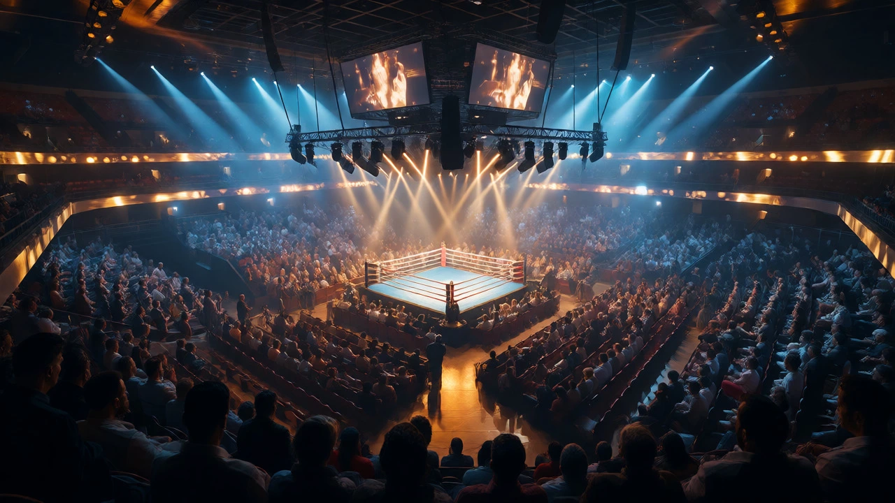 Wide view of a crowded arena hosting a major boxing event