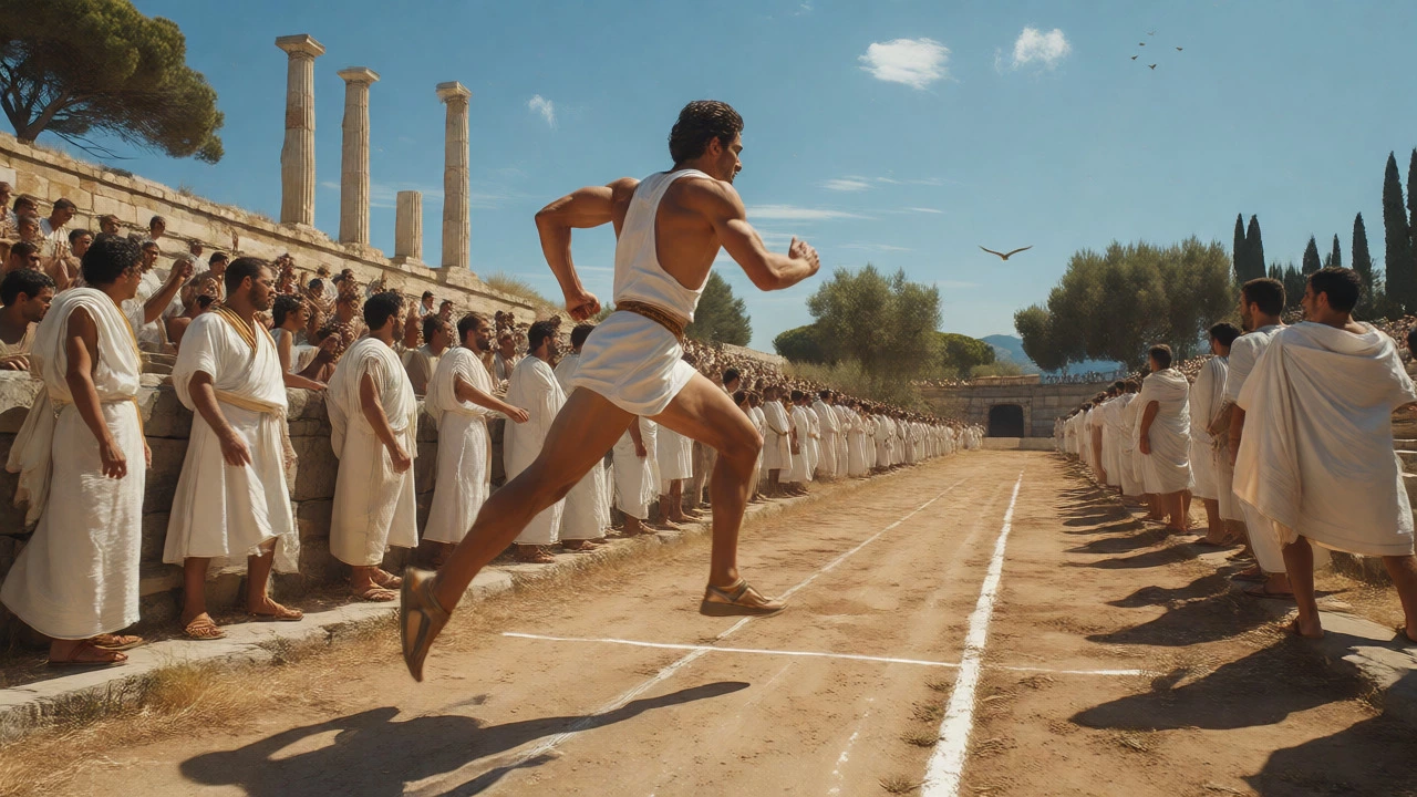 A sprinter running during the ancient Greek Olympics in a sunny stadium.