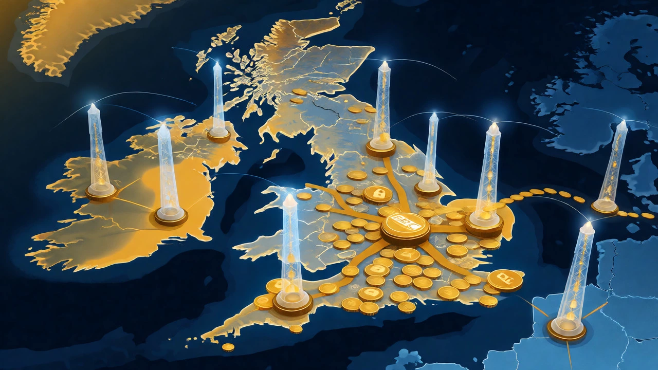 Abstract map of UK with broadcast connections and costs