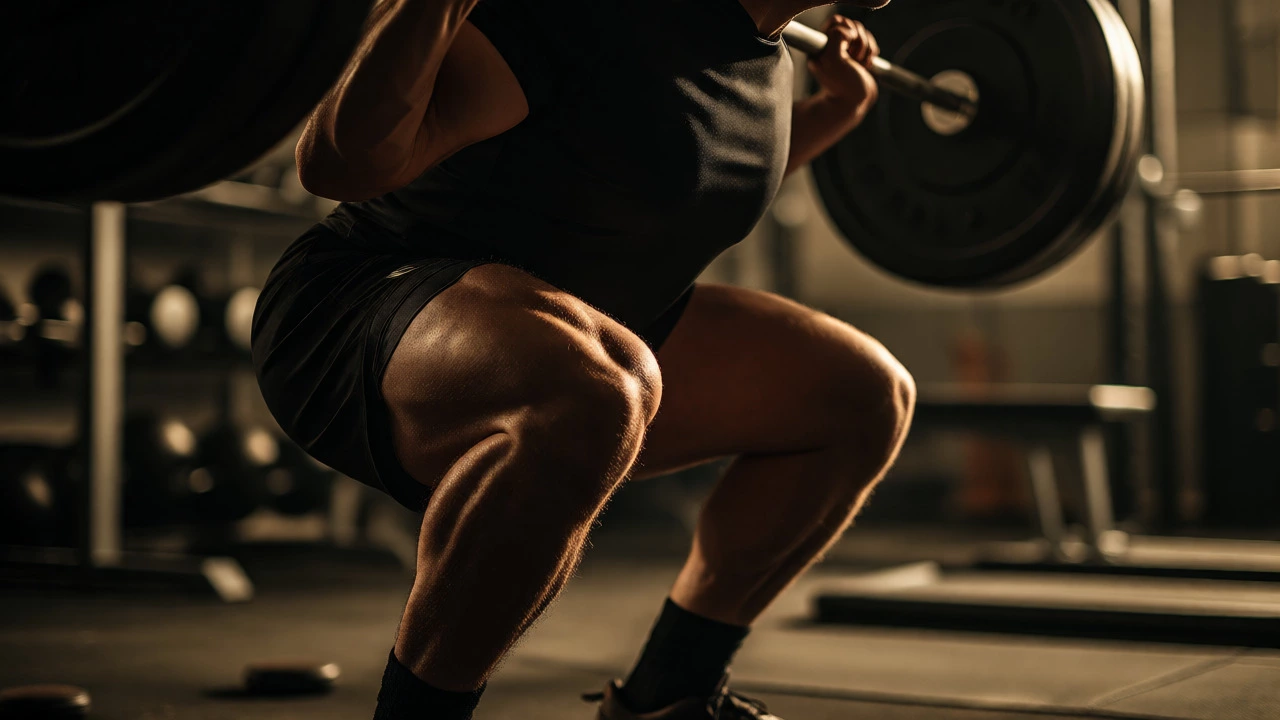 Athlete performing a heavy barbell squat showing large quad muscles.