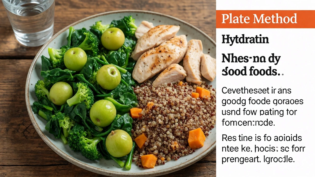 Balanced meal plate with vegetables, protein, and carbs next to a glass of water