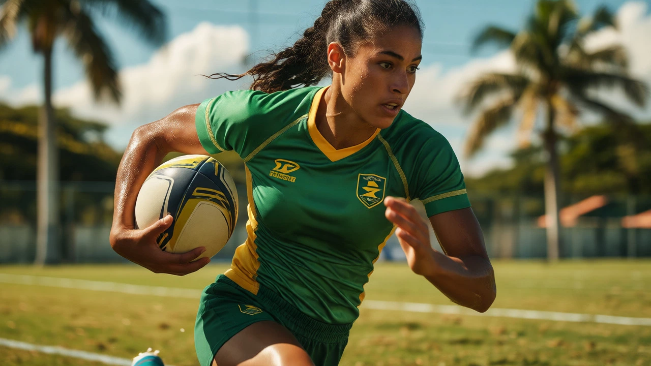 Brazilian female rugby player sprinting with the ball during a sevens match in sunny weather.