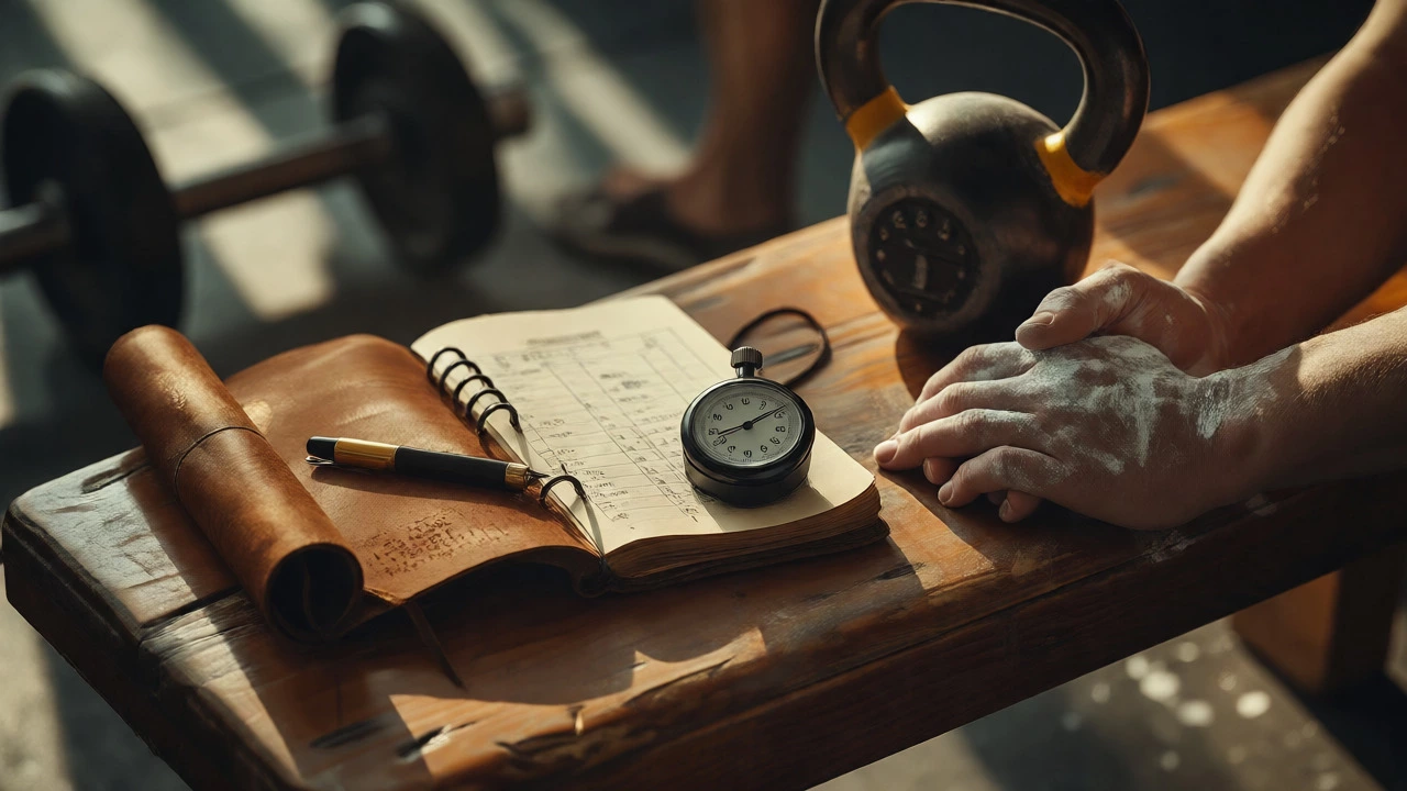 Gym equipment including a logbook, stopwatch, and kettlebell on a bench