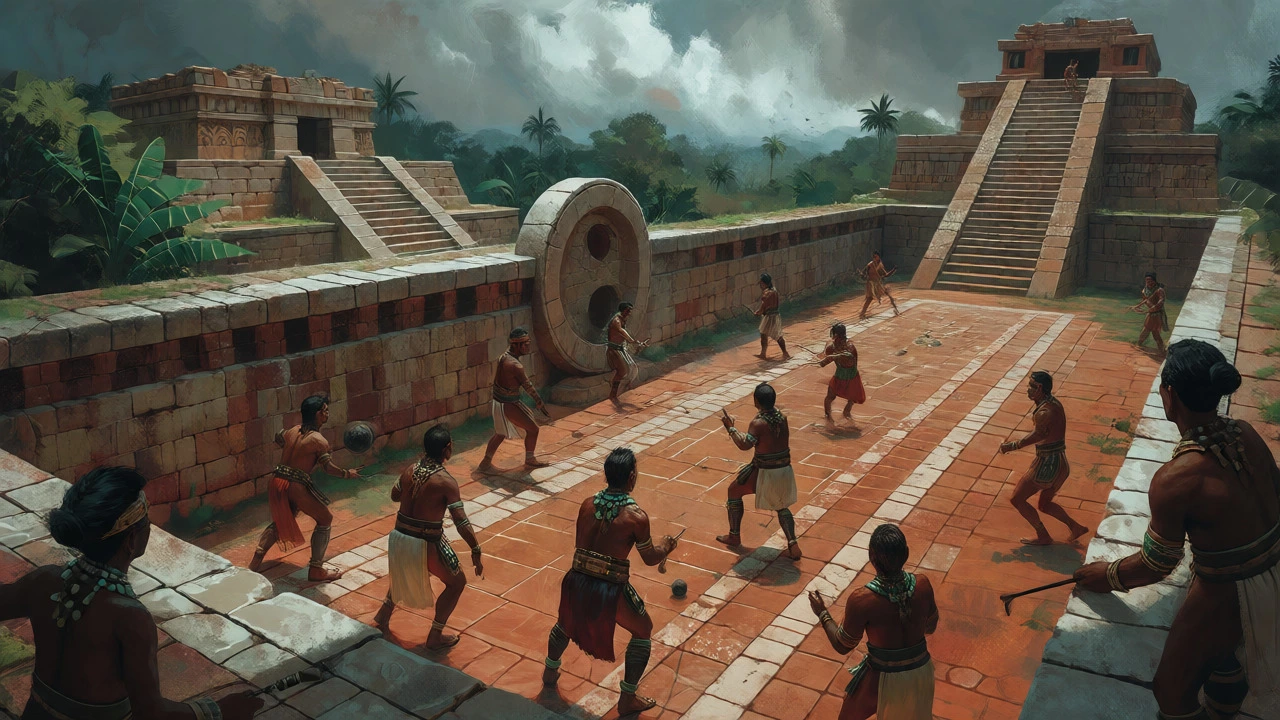 Mesoamerican players hitting a ball toward a stone hoop in Pok-ta-Pok.