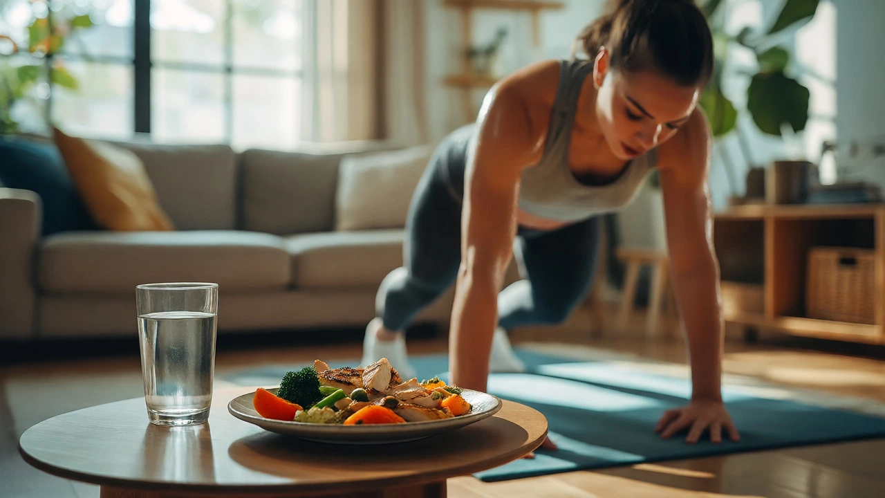 Person doing home workouts with healthy food nearby