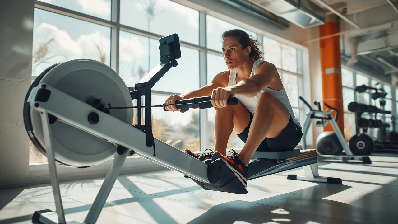 Person intensely exercising on a rowing machine in a bright studio
