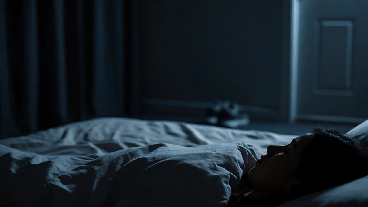Person sleeping peacefully in a dark, cool bedroom with sneakers nearby