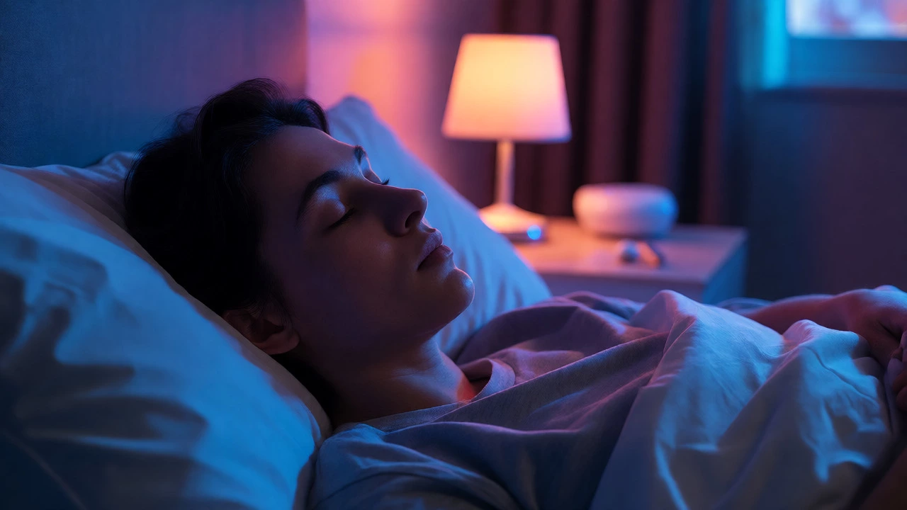 Person sleeping peacefully in a dark, quiet bedroom