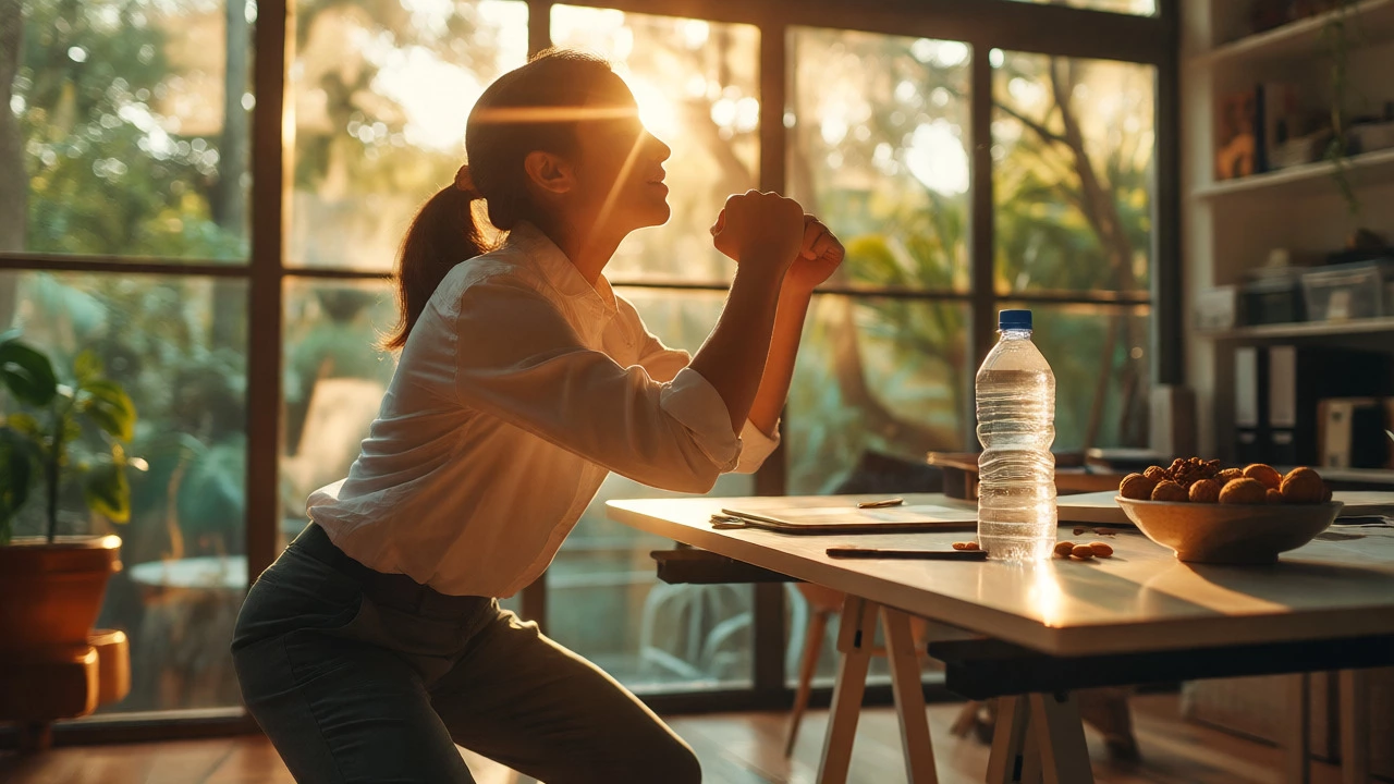 Person stretching by a sunny window with healthy snacks and water, boosting blood flow and energy.
