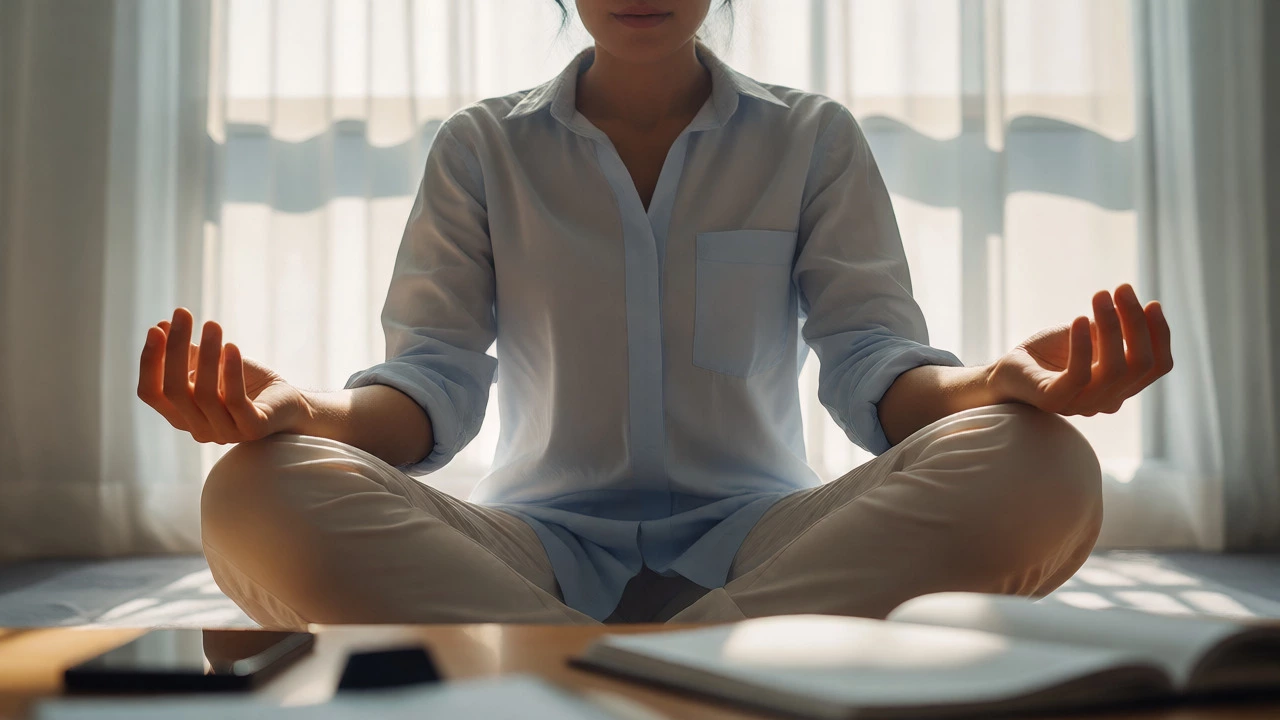 Professional meditating with eyes closed in a quiet space, resetting focus after digital overload.