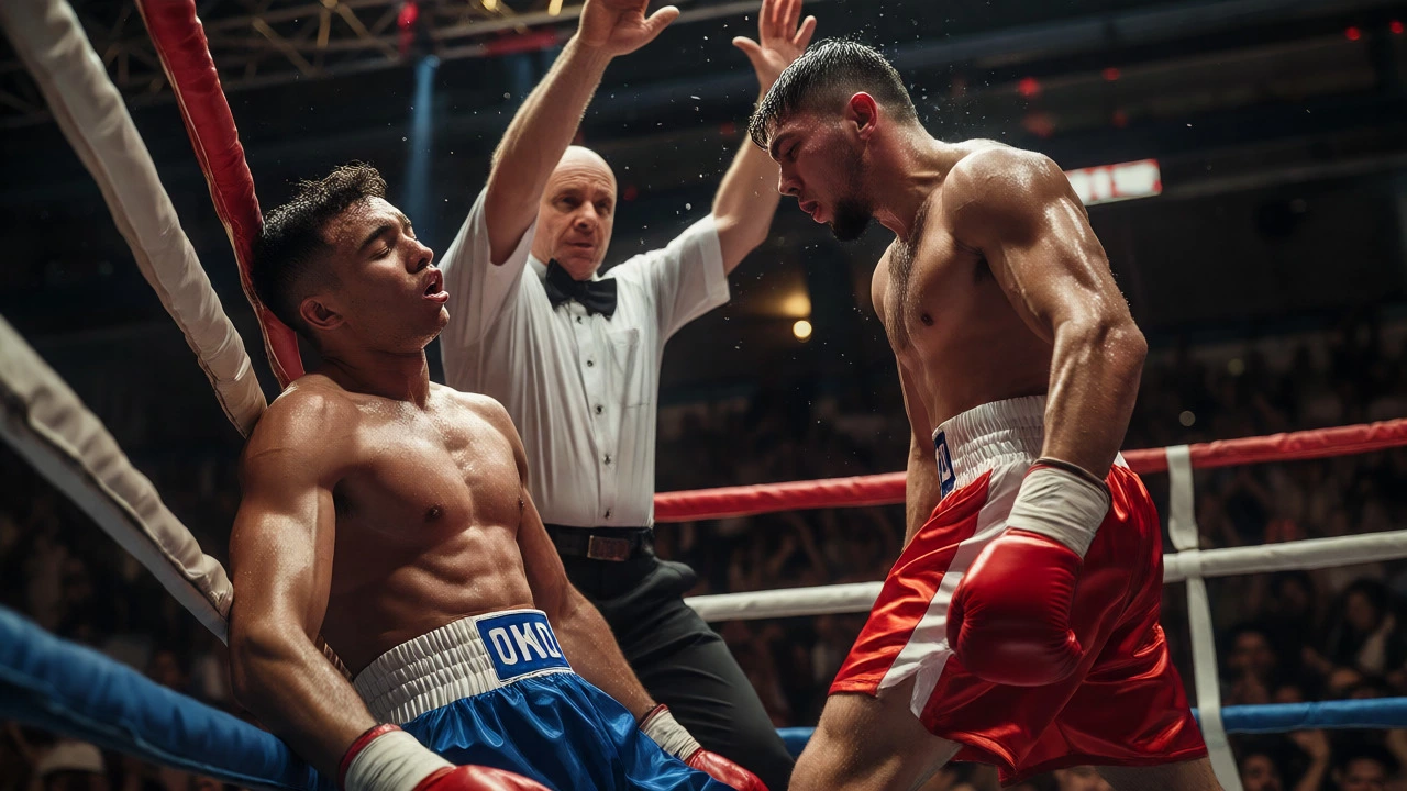 Referee stopping a fight for a technical knockout against the ropes.