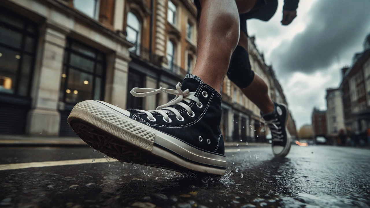 Runner in Converse slipping on wet pavement showing lack of grip