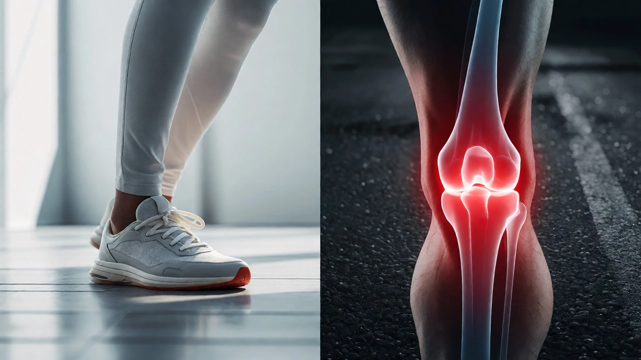 Split view of minimalist running concept versus joint stress illustration