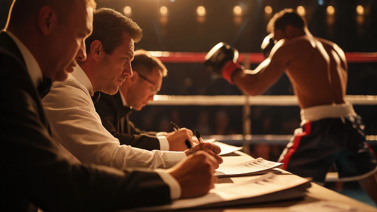 Three judges scoring a boxing match from ringside tables.