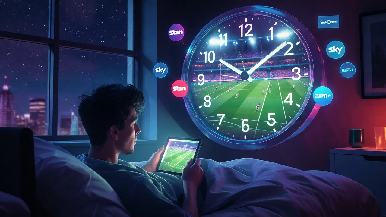 Tired viewer watching late-night rugby due to time zones
