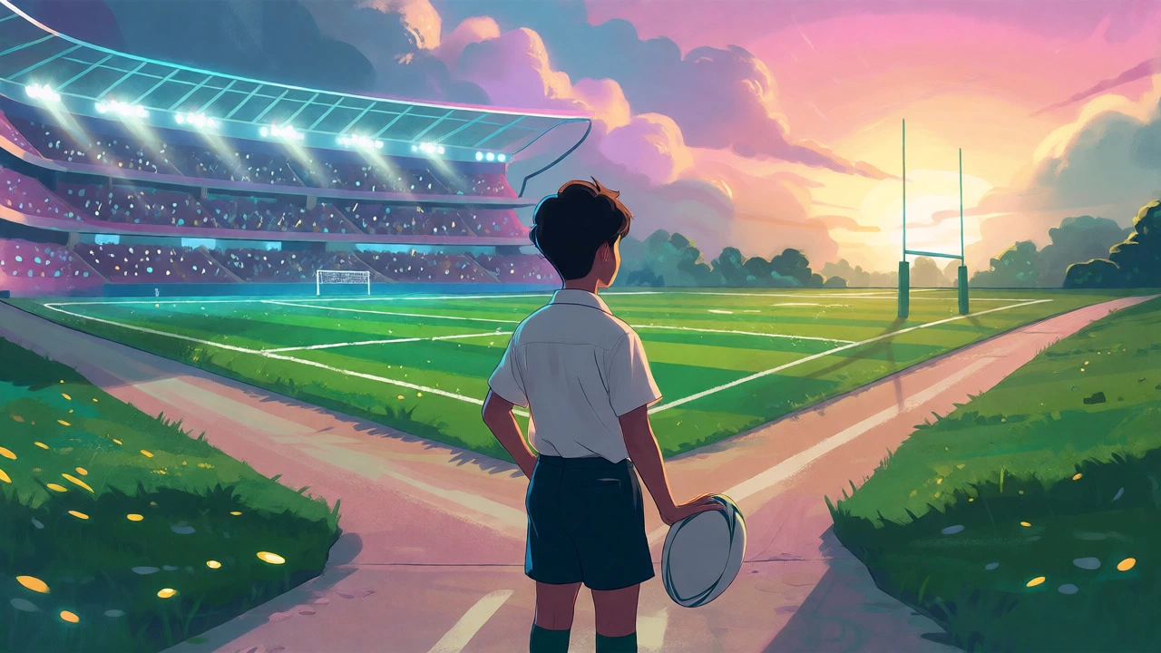 Young boy choosing between a football stadium and a rugby field, holding an oval ball.